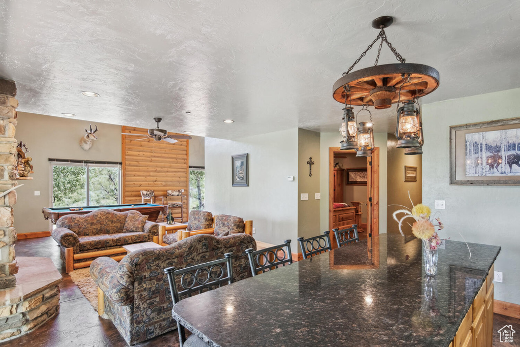 Dining room featuring billiards and ceiling fan