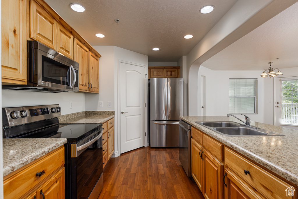 Kitchen featuring sink, dark hardwood / wood-style flooring, light stone counters, and appliances with stainless steel finishes