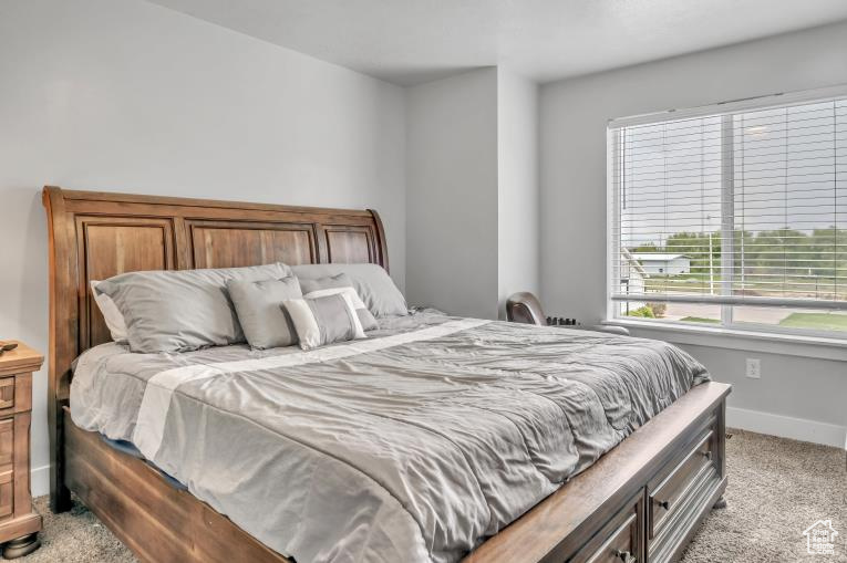 Bedroom with light colored carpet