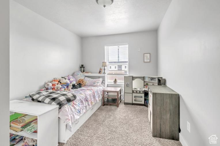 Bedroom with light carpet