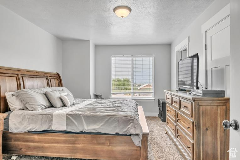 Carpeted bedroom with a textured ceiling
