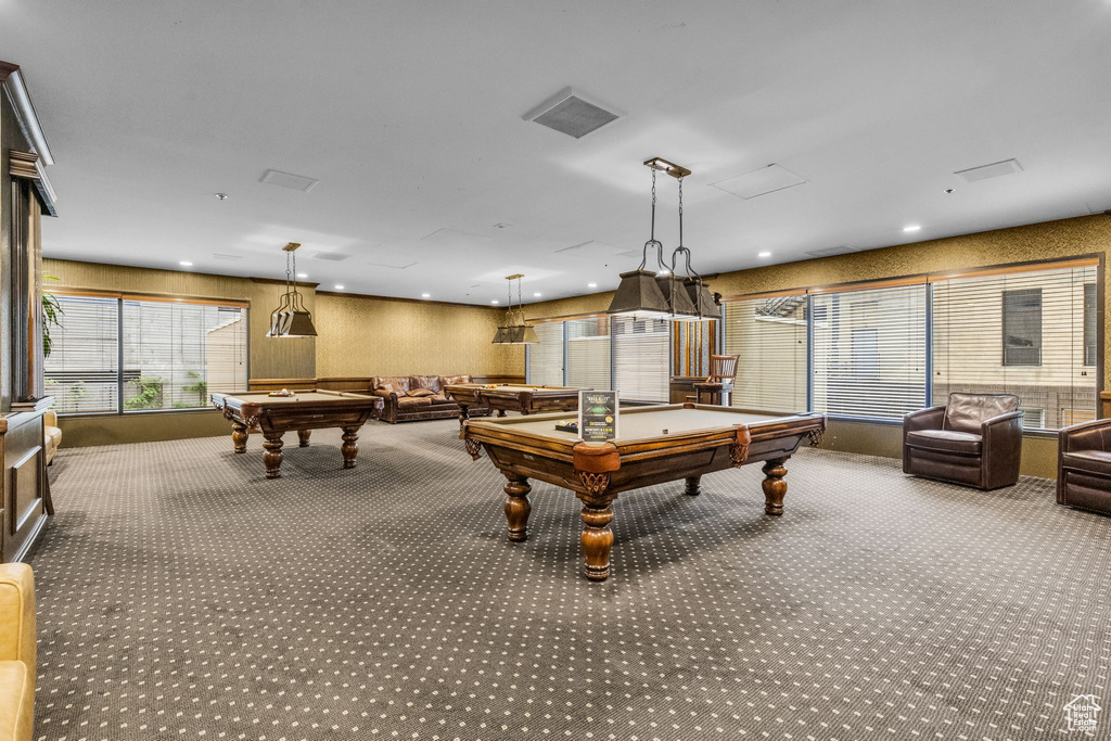 Playroom featuring billiards and carpet flooring