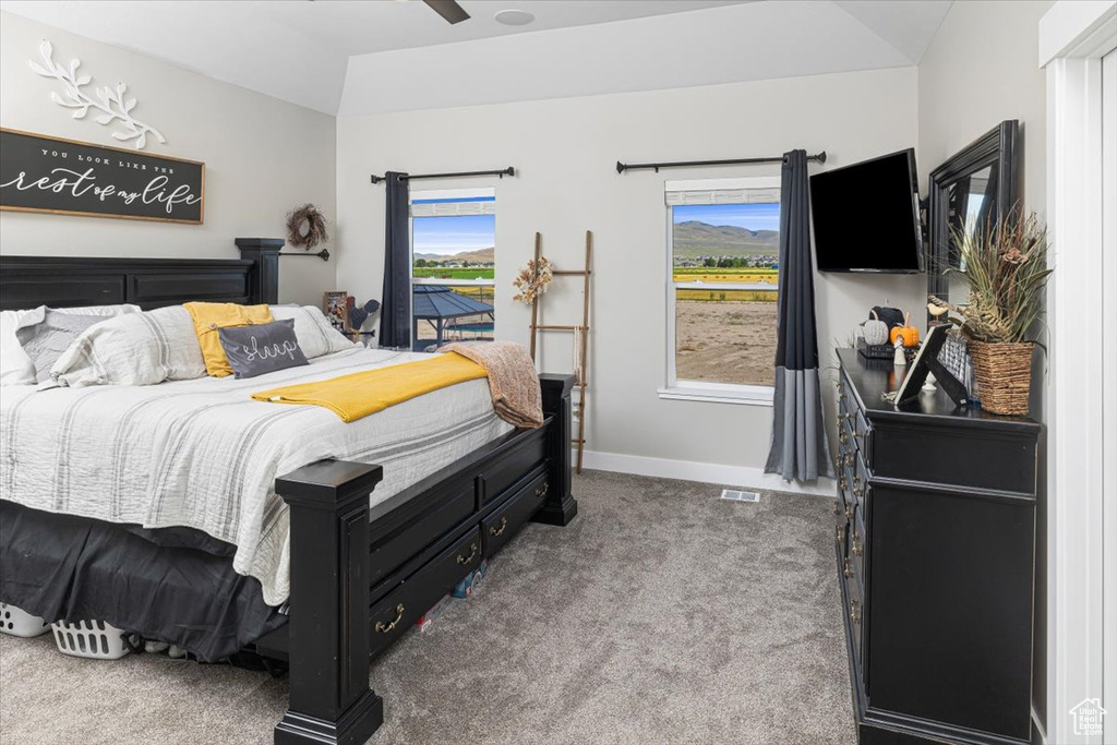 Carpeted bedroom featuring ceiling fan