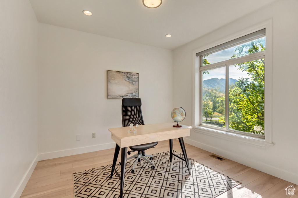 Office with light hardwood / wood-style floors and a mountain view