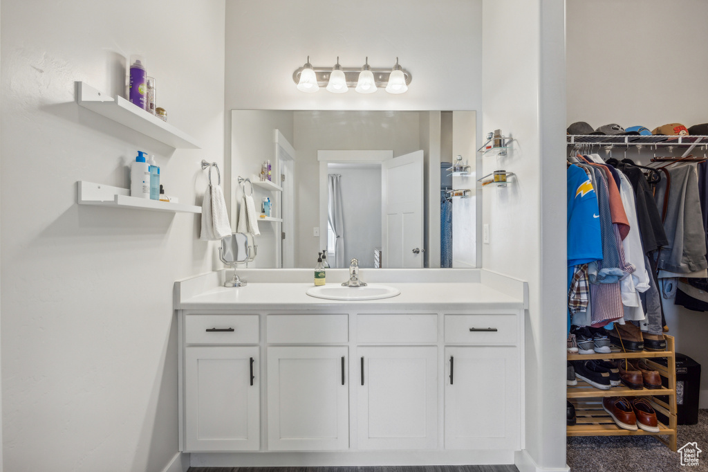 Bathroom with vanity with extensive cabinet space