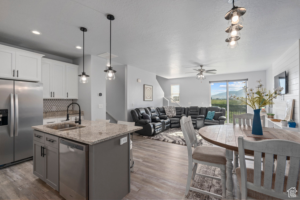 Kitchen featuring appliances with stainless steel finishes, sink, wood-type flooring, and a center island with sink