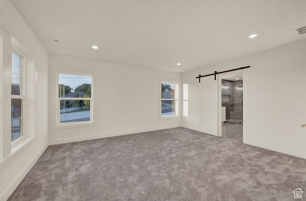 Empty room featuring a barn door, a wealth of natural light, and carpet