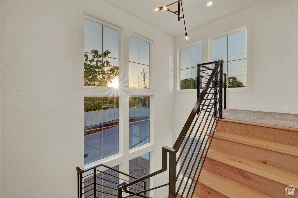 Stairs with carpet floors and an inviting chandelier