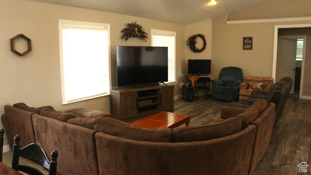 Living room with lofted ceiling, plenty of natural light, and dark hardwood / wood-style flooring