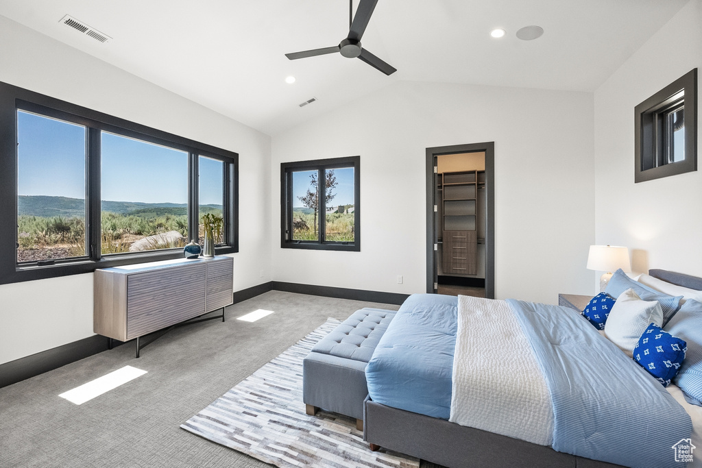 Carpeted bedroom featuring a walk in closet, lofted ceiling, multiple windows, and ceiling fan