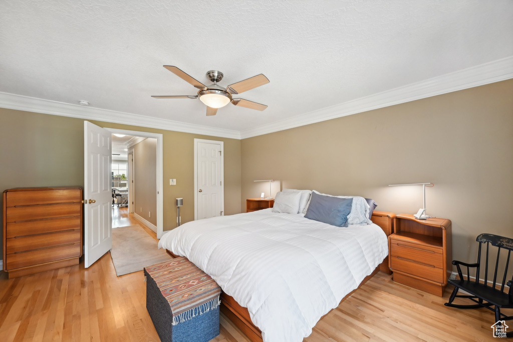 Bedroom with ornamental molding, light wood-type flooring, and ceiling fan