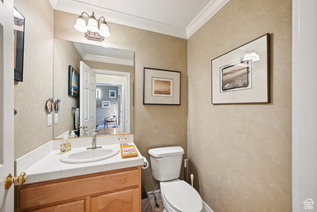 Bathroom featuring crown molding, vanity, and toilet