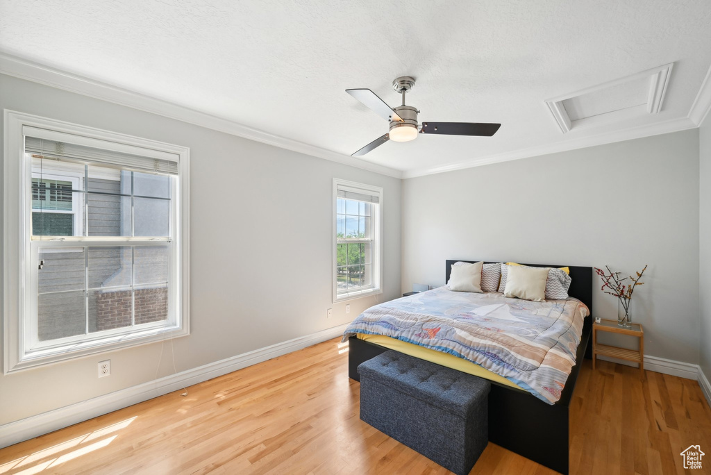 Bedroom featuring light hardwood / wood-style floors, ornamental molding, and ceiling fan