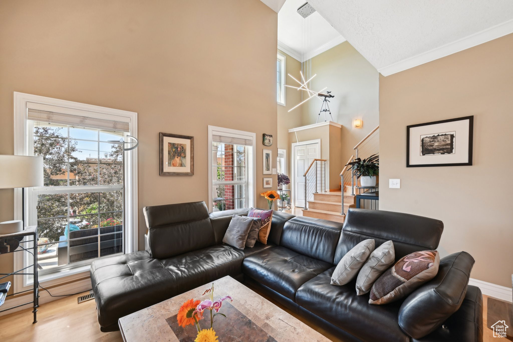 Living room featuring crown molding, high vaulted ceiling, and hardwood / wood-style floors