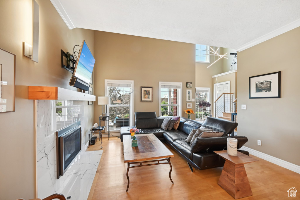 Living room featuring a towering ceiling, a high end fireplace, light hardwood / wood-style floors, and crown molding