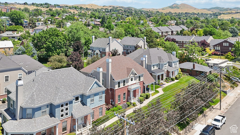 Aerial view featuring a mountain view