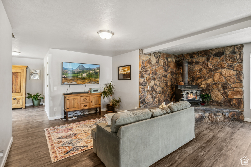 Living room featuring a wood stove and dark hardwood / wood-style floors