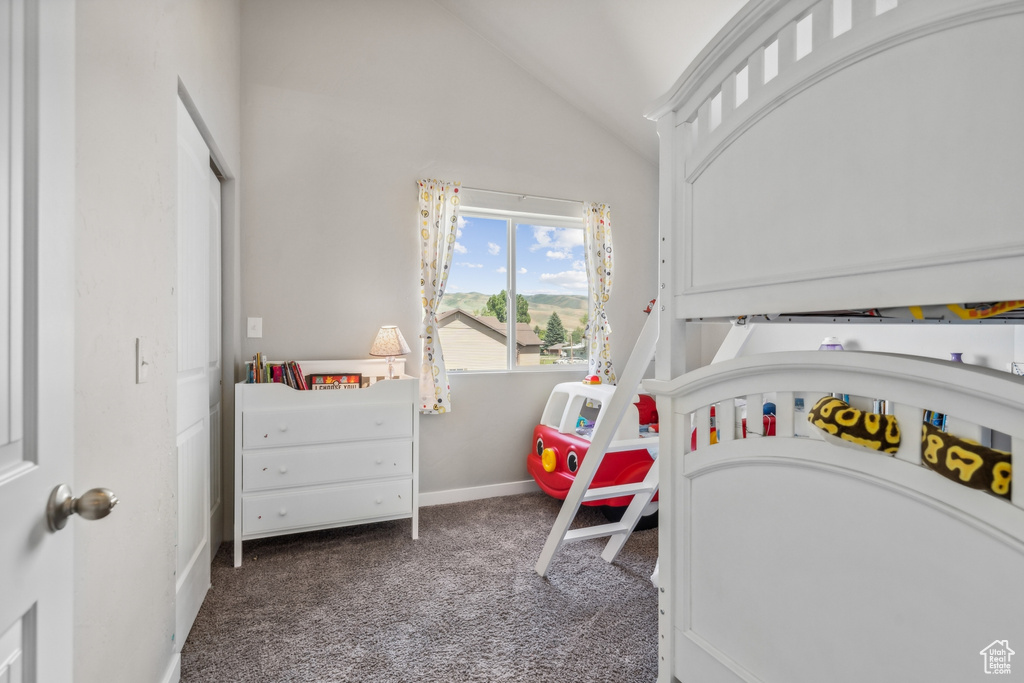 Bedroom with dark colored carpet and vaulted ceiling