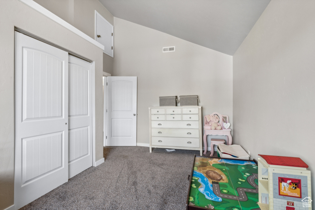 Recreation room featuring dark colored carpet and vaulted ceiling