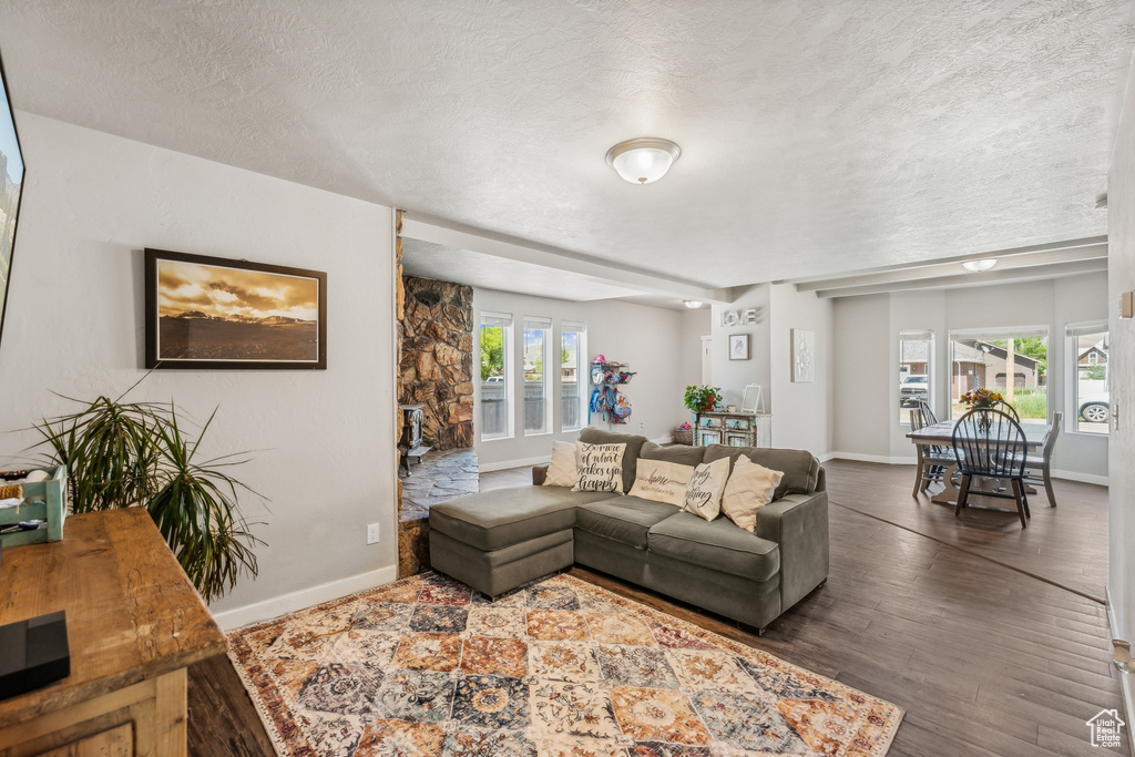 Living room featuring a healthy amount of sunlight, a textured ceiling, and dark hardwood / wood-style floors