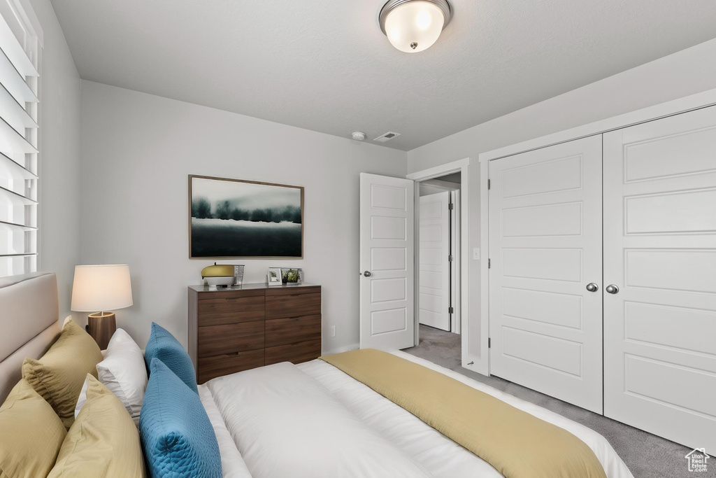 Bedroom featuring carpet and a closet