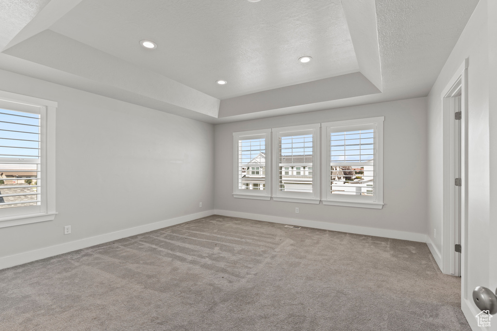 Carpeted spare room featuring a raised ceiling and a textured ceiling