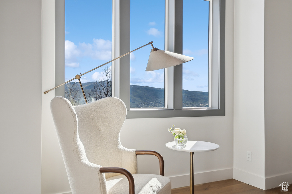 Living area with wood finished floors, baseboards, and a mountain view