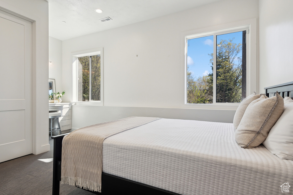 Bedroom featuring multiple windows and carpet