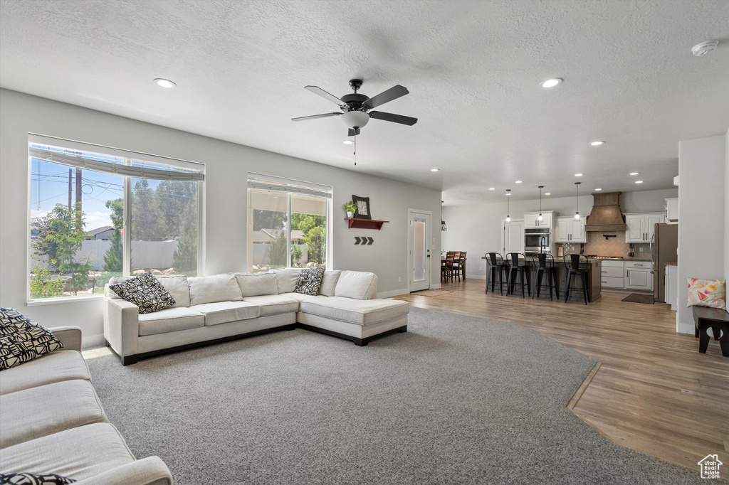 Living room with ceiling fan, a textured ceiling, and hardwood / wood-style flooring