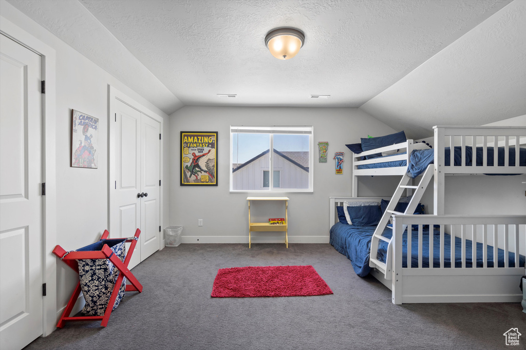 Carpeted bedroom with a textured ceiling and vaulted ceiling