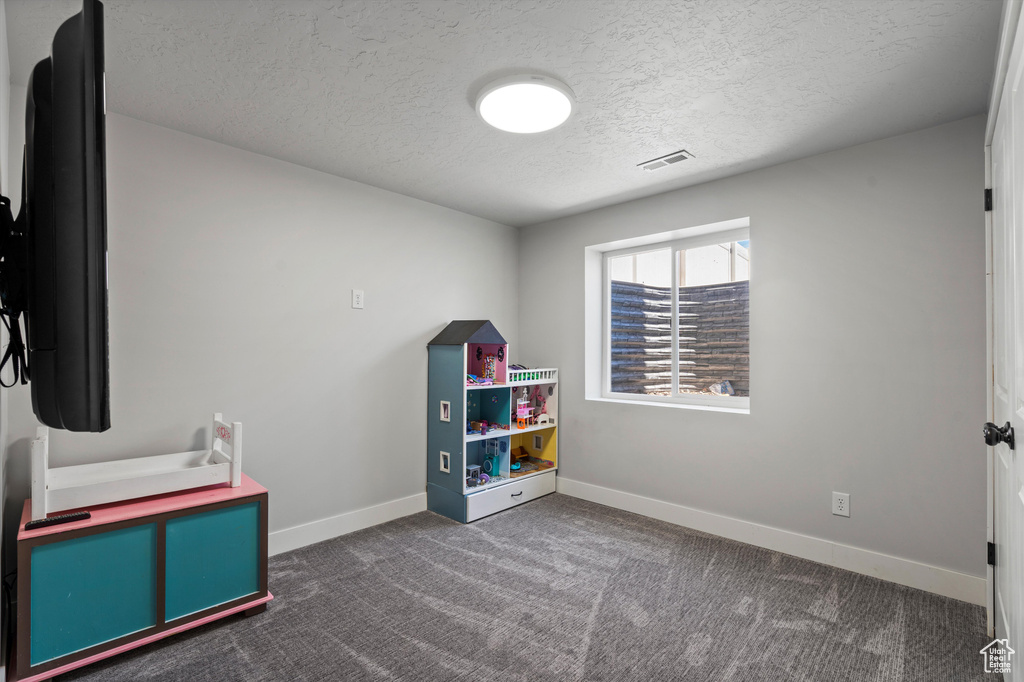 Game room featuring a textured ceiling and dark carpet