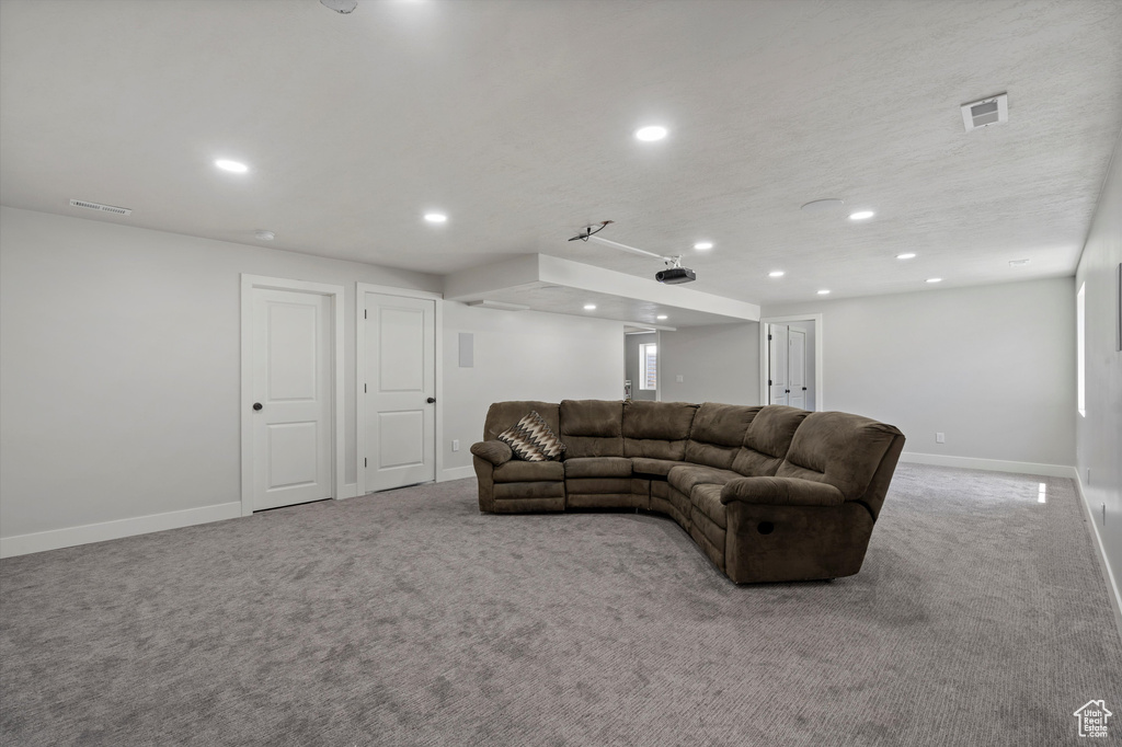 Living room with light colored carpet