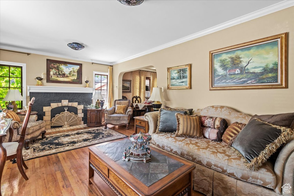 Living room featuring a healthy amount of sunlight, ornamental molding, and hardwood / wood-style flooring