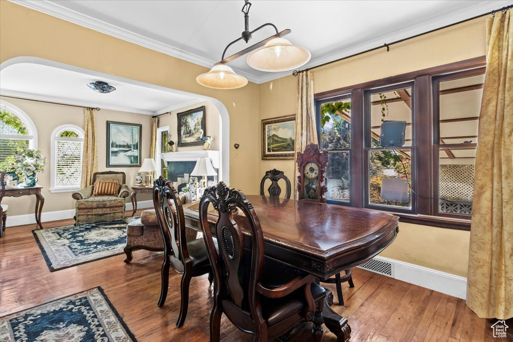 Dining space featuring hardwood / wood-style flooring and ornamental molding