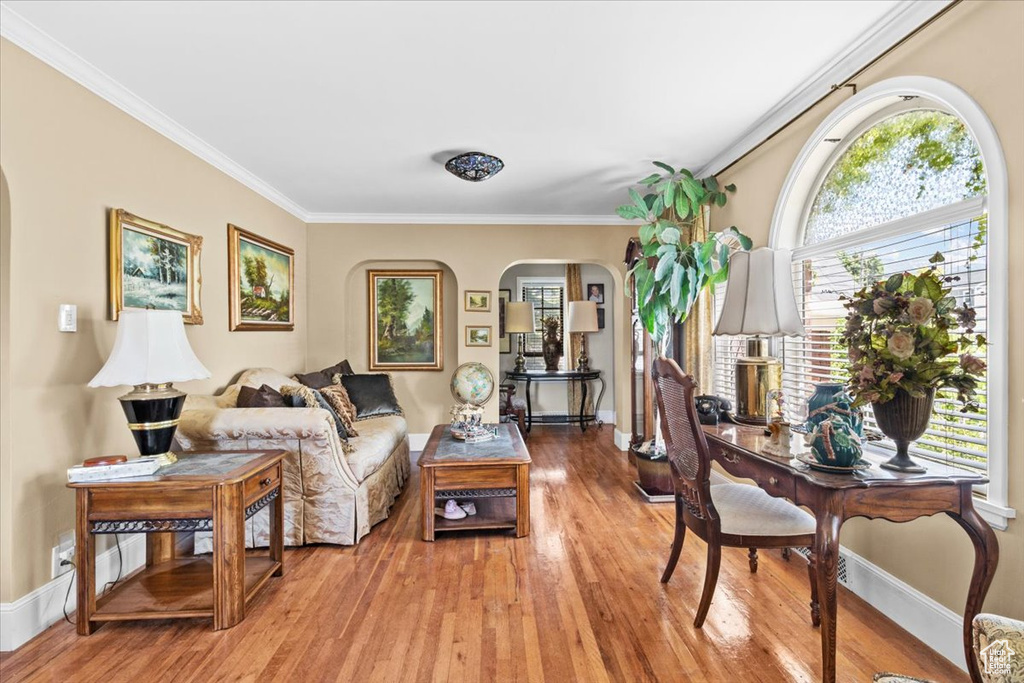 Living room with hardwood / wood-style flooring and ornamental molding