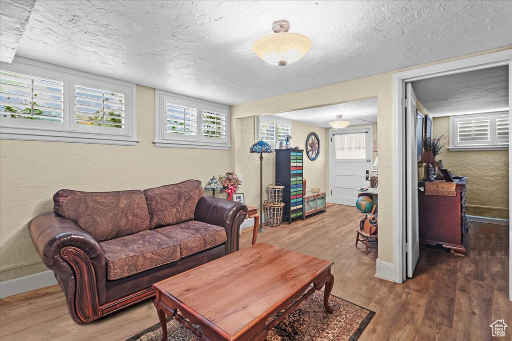 Living room featuring a textured ceiling and wood-type flooring