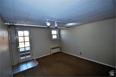 Entryway with dark carpet and track lighting