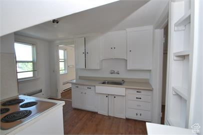 Kitchen with sink, white cabinets, range, and dark wood-type flooring