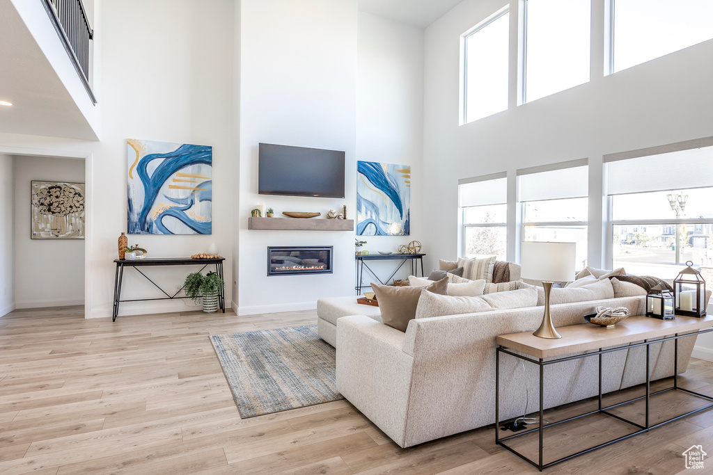 Living room featuring a towering ceiling and light hardwood / wood-style flooring