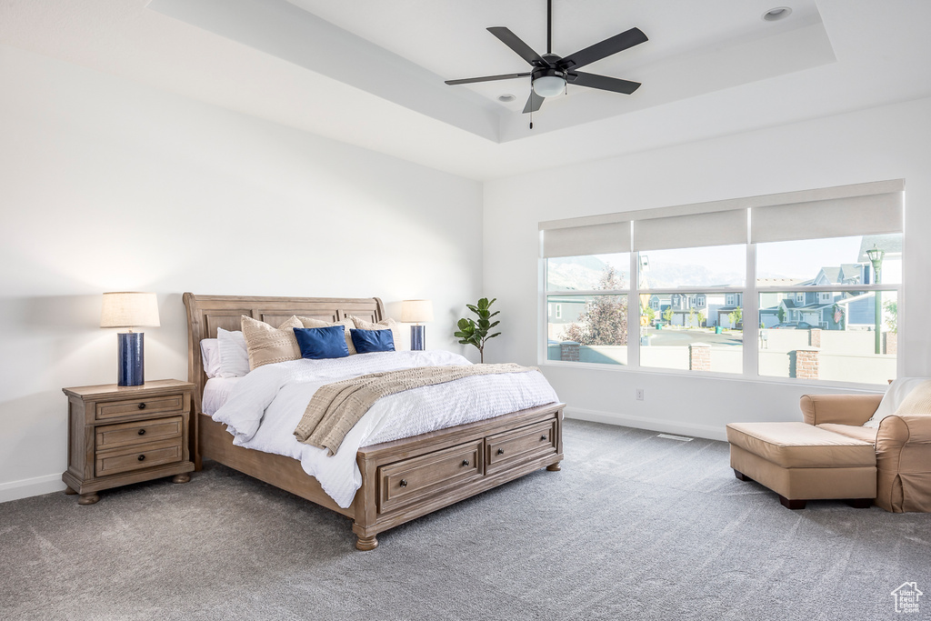 Bedroom featuring ceiling fan, a tray ceiling, and carpet flooring