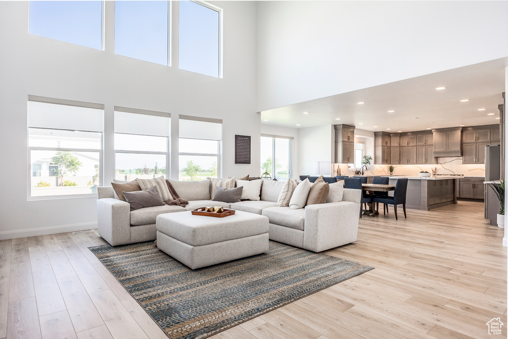 Living room with a high ceiling and light hardwood / wood-style floors