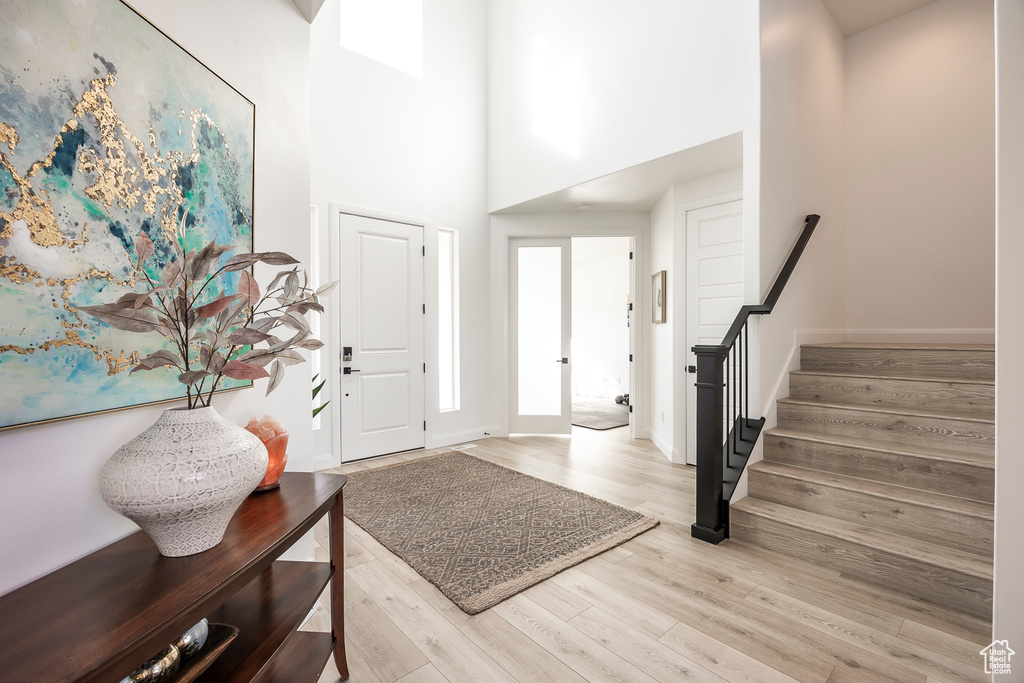 Foyer with a high ceiling and light hardwood / wood-style flooring