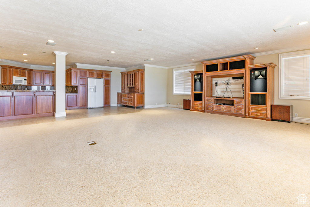 Unfurnished living room featuring crown molding and decorative columns