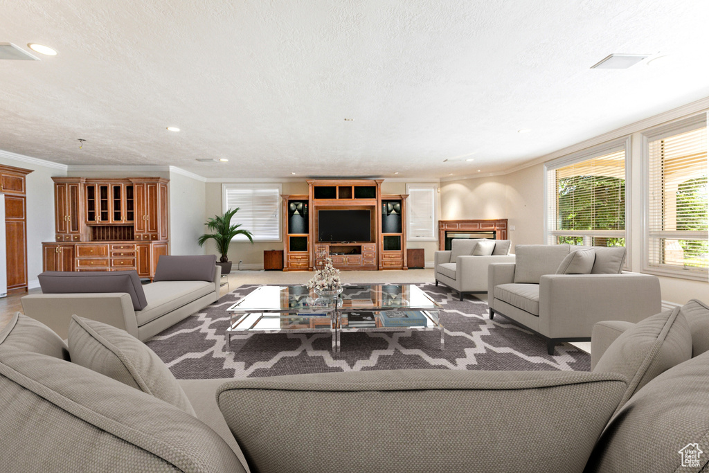 Living room with ornamental molding and a fireplace