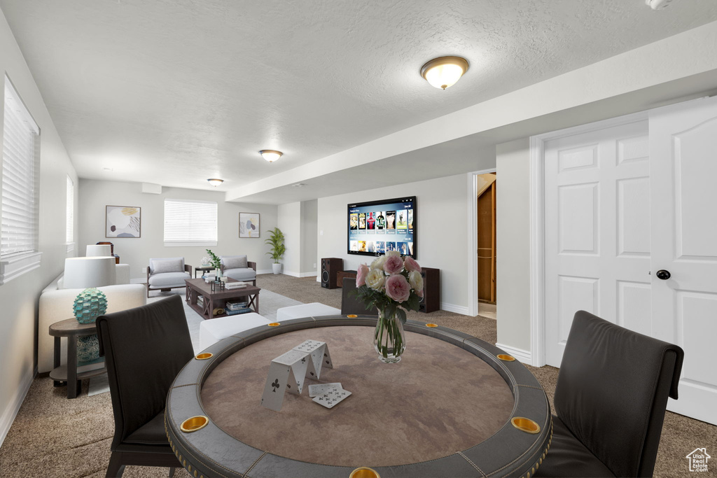 Carpeted dining room with a textured ceiling