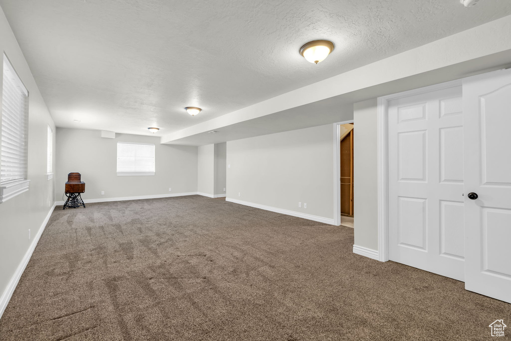 Basement featuring carpet flooring and a textured ceiling