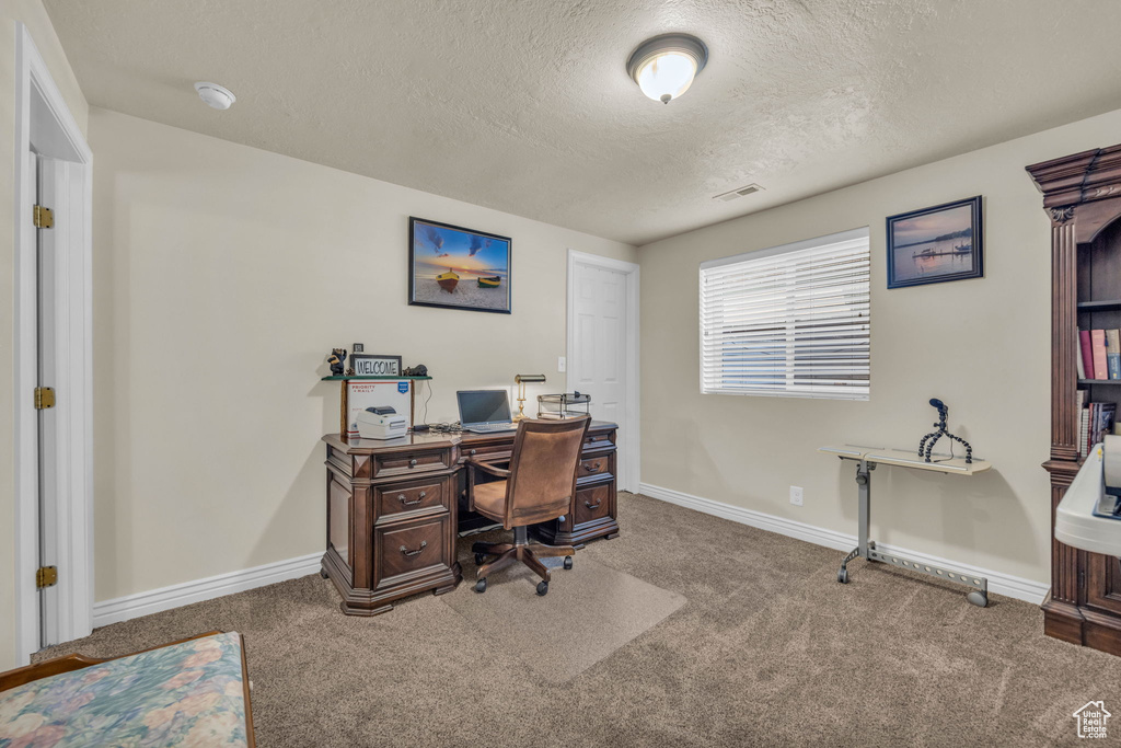 Carpeted office with a textured ceiling