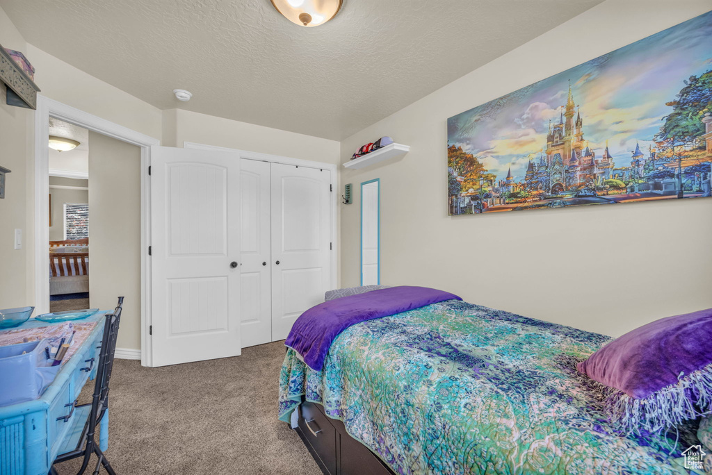 Carpeted bedroom with a textured ceiling and a closet