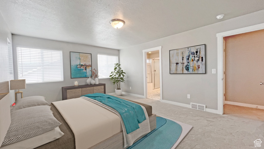 Carpeted bedroom with a textured ceiling and connected bathroom