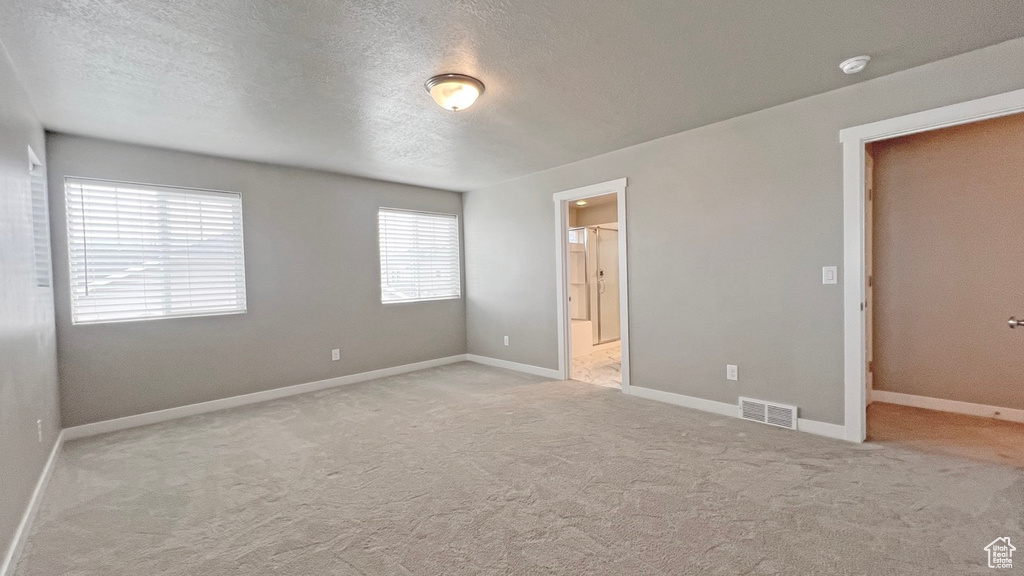 Unfurnished bedroom with light carpet and a textured ceiling